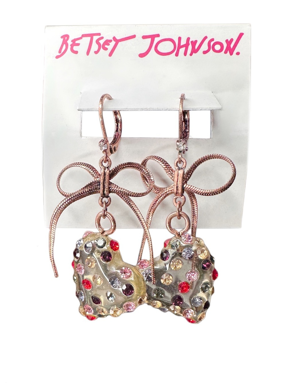 Betsey Johnson Rose Gold Bow Earrings with Multicolor Crystal Hearts
